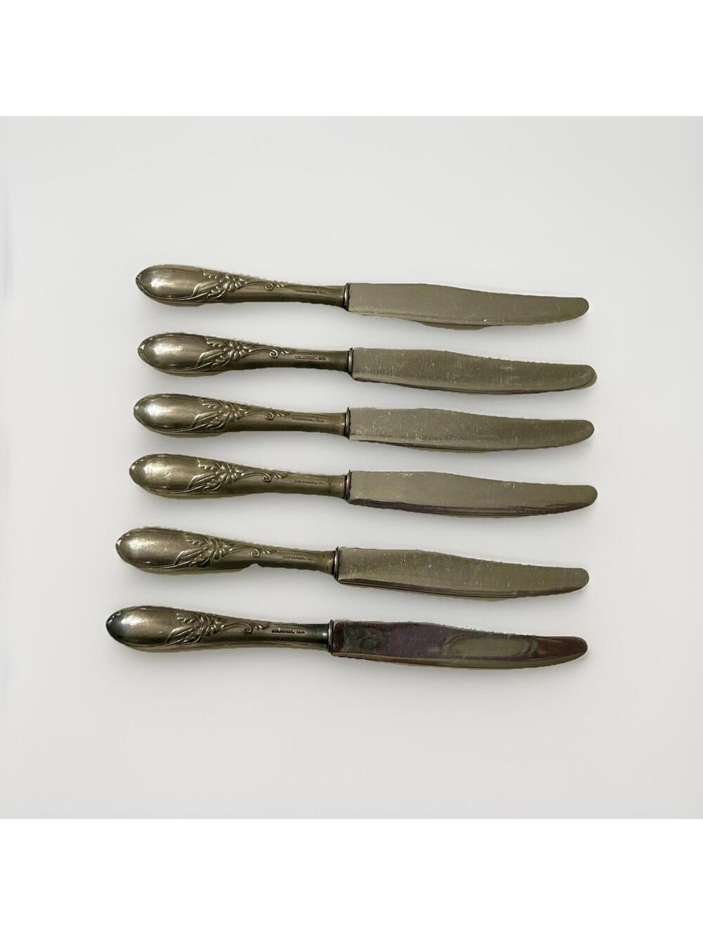 6 Vintage Pcs Silver Plate Knives Made In Israel Hebrew Stamped Cutlery Rostfrei